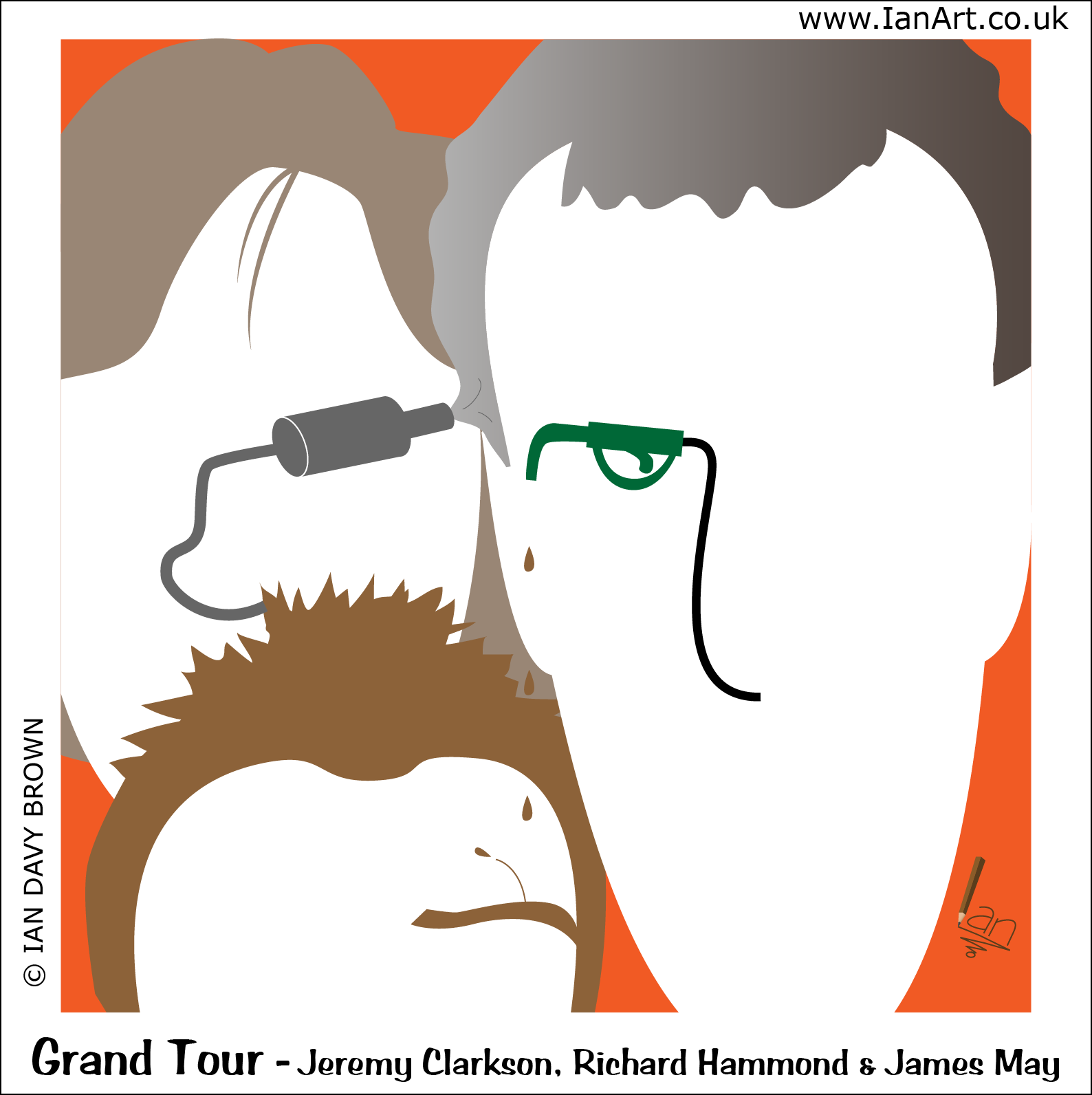 Grand-Tour-Jeremy- Clarkson-Richard-Hammond-James-May-TV-Caricature-Symbolic-cartoon-created-Ian-Davy-Brown-IanArt-IDB
