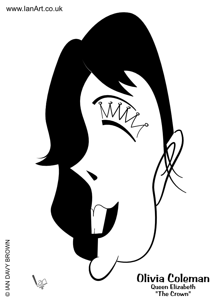 Olivia-Coleman-Actor-Actress-the-crown-queen-elizabeth-cartoon-sytlized-symbolic-caricature-by-IDB